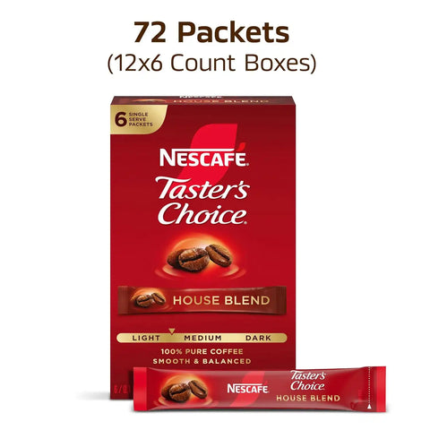 NESCAFÉ Taster's Choice, Instant Coffee Packets, Light Medium Roast Coffee, House Blend, 12 Boxes (72 Packets) | Light-medium roast House Blend instant coffee single-serve packets; 12 boxes, 6 packets each (72 total)