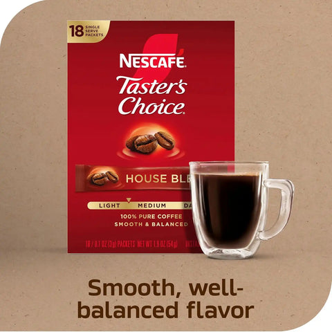 NESCAFÉ Taster's Choice, Instant Coffee Packets, Light Medium Roast Coffee, House Blend, 8 Boxes (144 Packets)